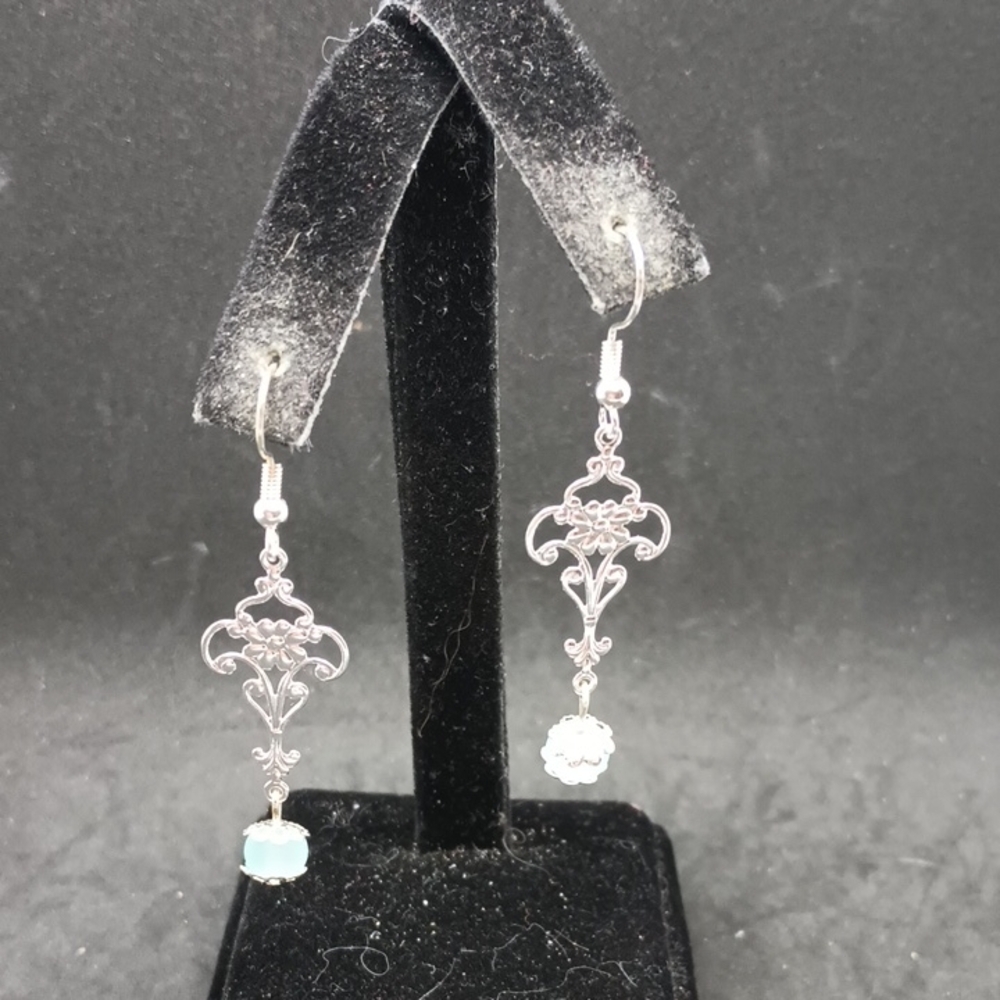 Hand Crafted Silver Floral Earrings with Blue Accents
